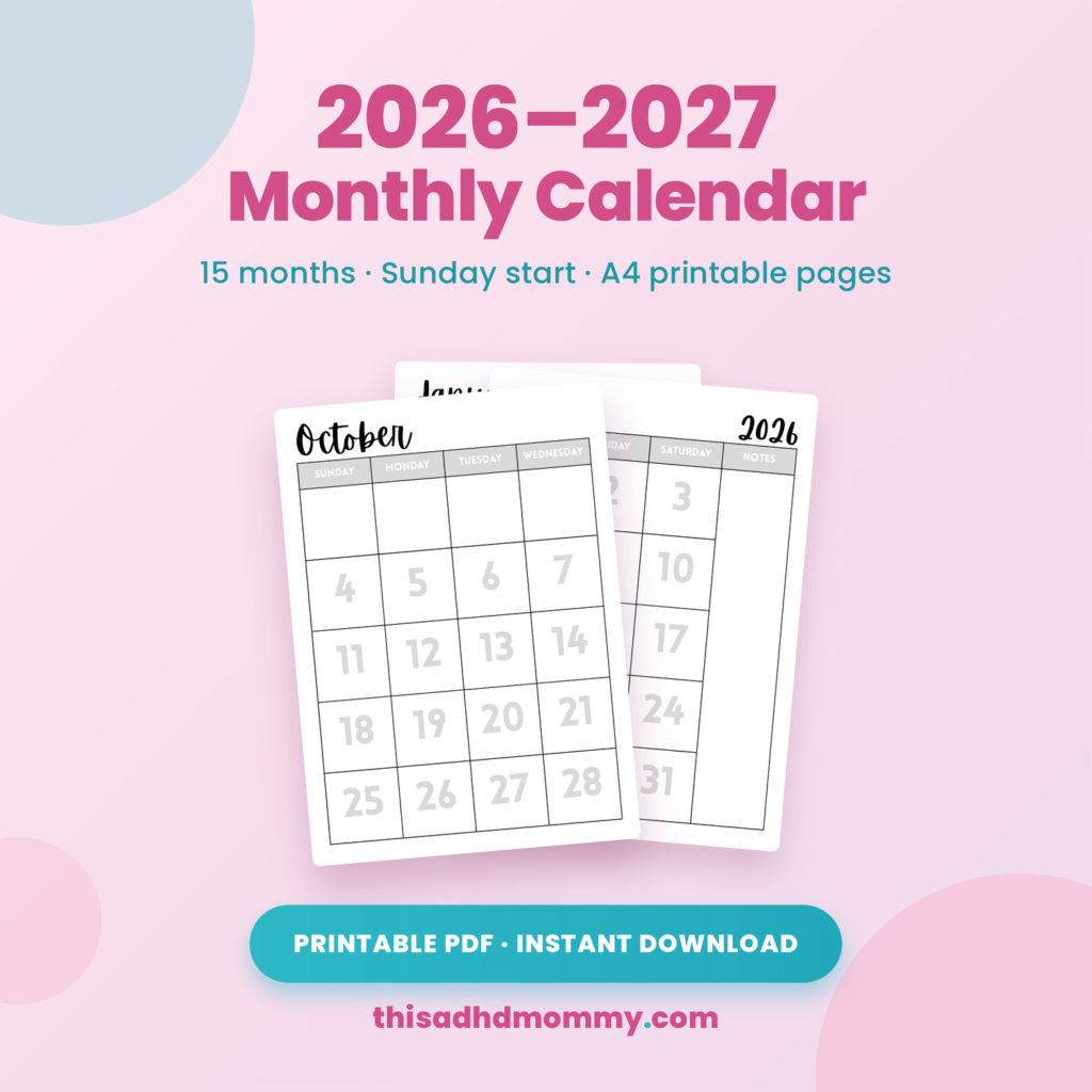 2026 to 2027 monthly printable calendar showing October, Sunday start, A4 portrait