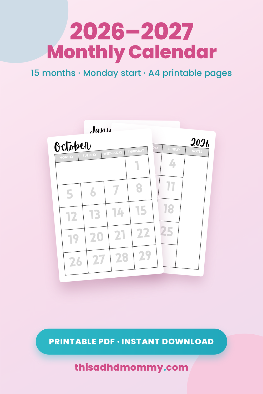 2026 to 2027 monthly printable calendar, 15 months, Monday start, A4 portrait pages