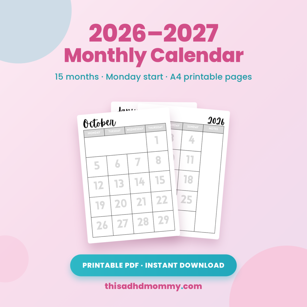 2026 to 2027 monthly printable calendar showing October, Sunday start, A4 portrait