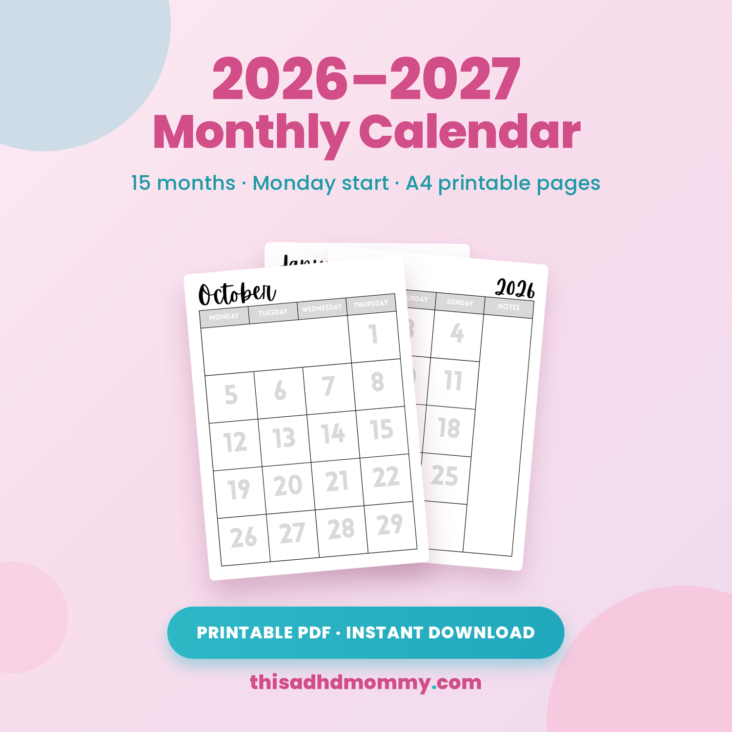 2026 to 2027 monthly printable calendar showing October, Sunday start, A4 portrait