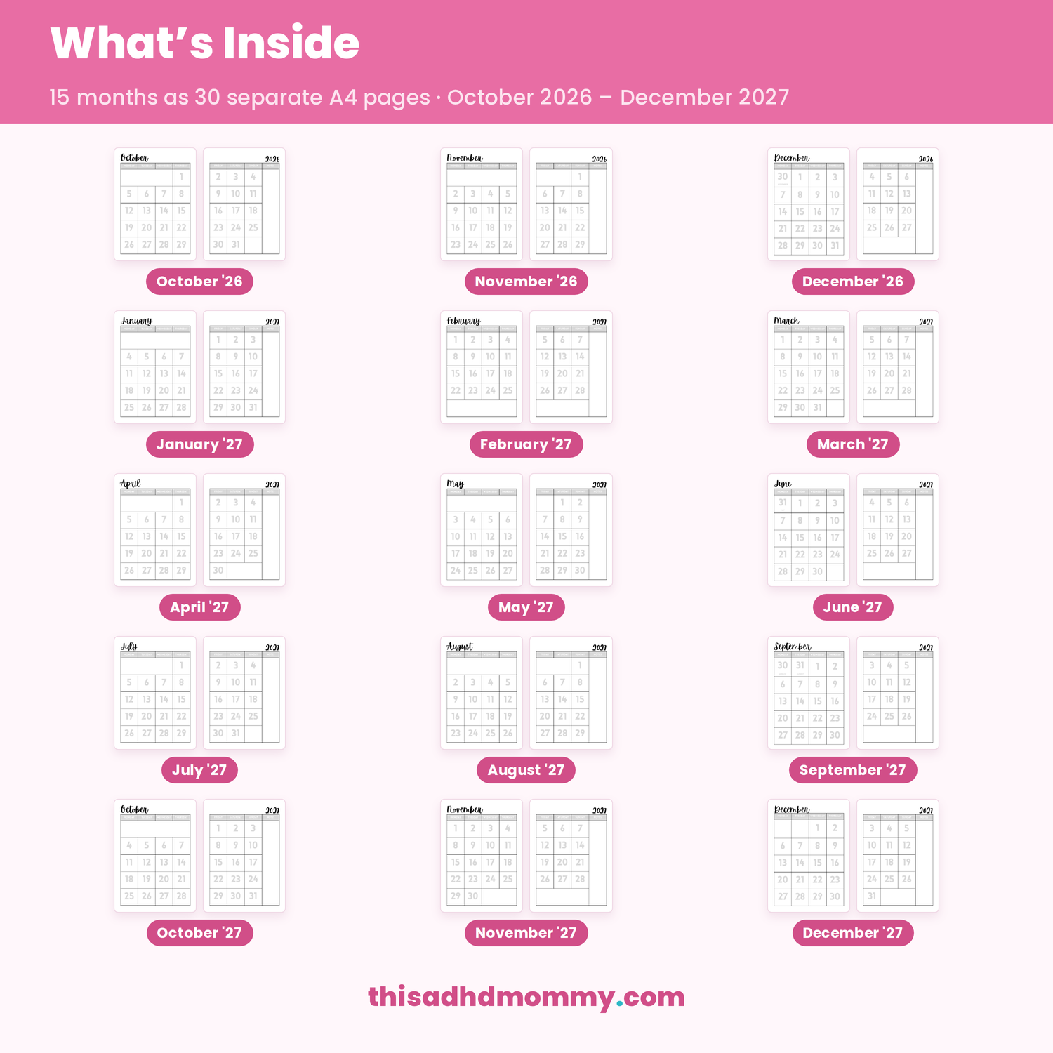Preview grid of the 15-month monthly calendar as 30 separate A4 pages, Monday start