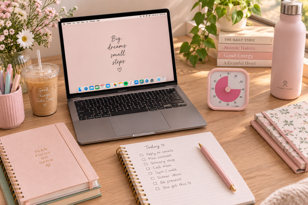 Pink ADHD-friendly desk with a laptop, planners, a visual timer and a Today to-do list for an organized ADHD mom