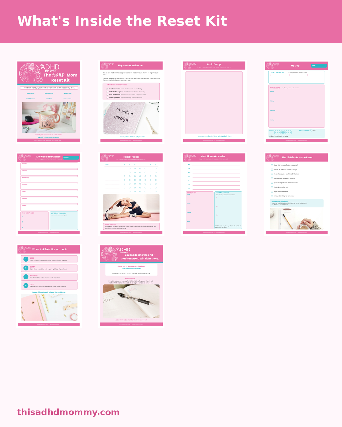Preview of all 10 pages inside the ADHD Mom Reset Kit printable planner bundle