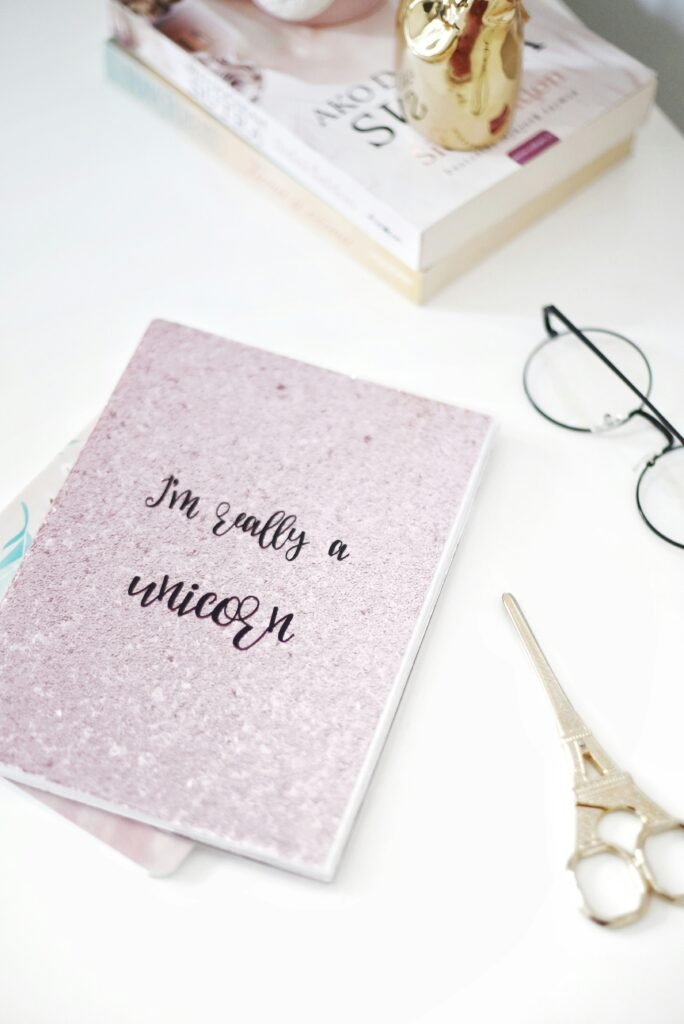 'I'm really a unicorn' notebook and glasses