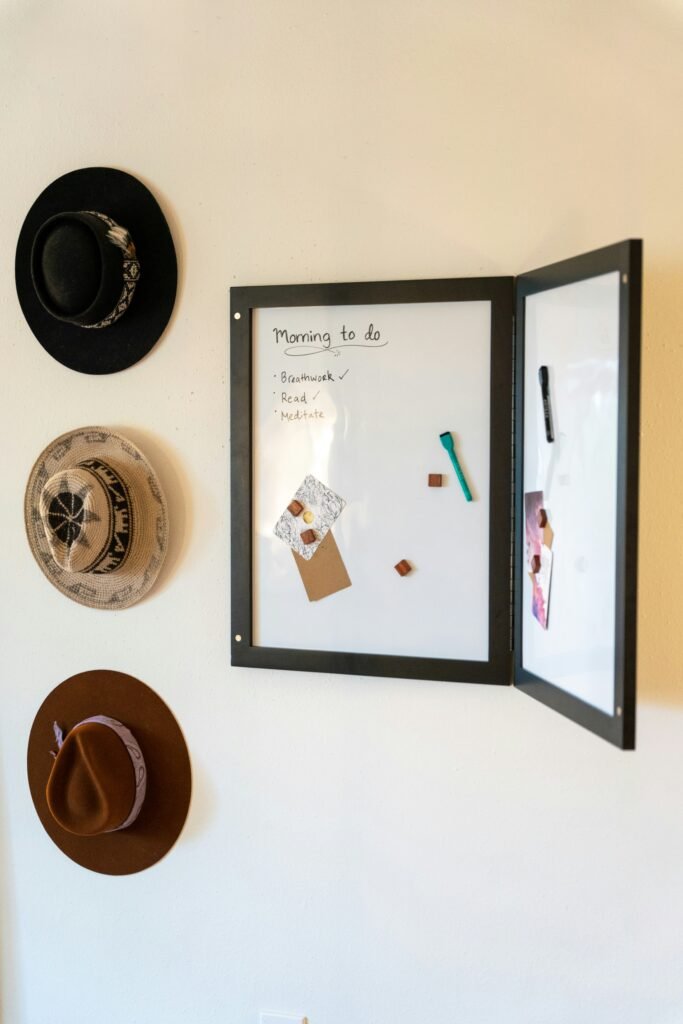 'Morning to do' whiteboard with hats