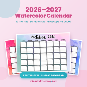 2026 to 2027 watercolor printable calendar showing October 2026, Sunday start, landscape