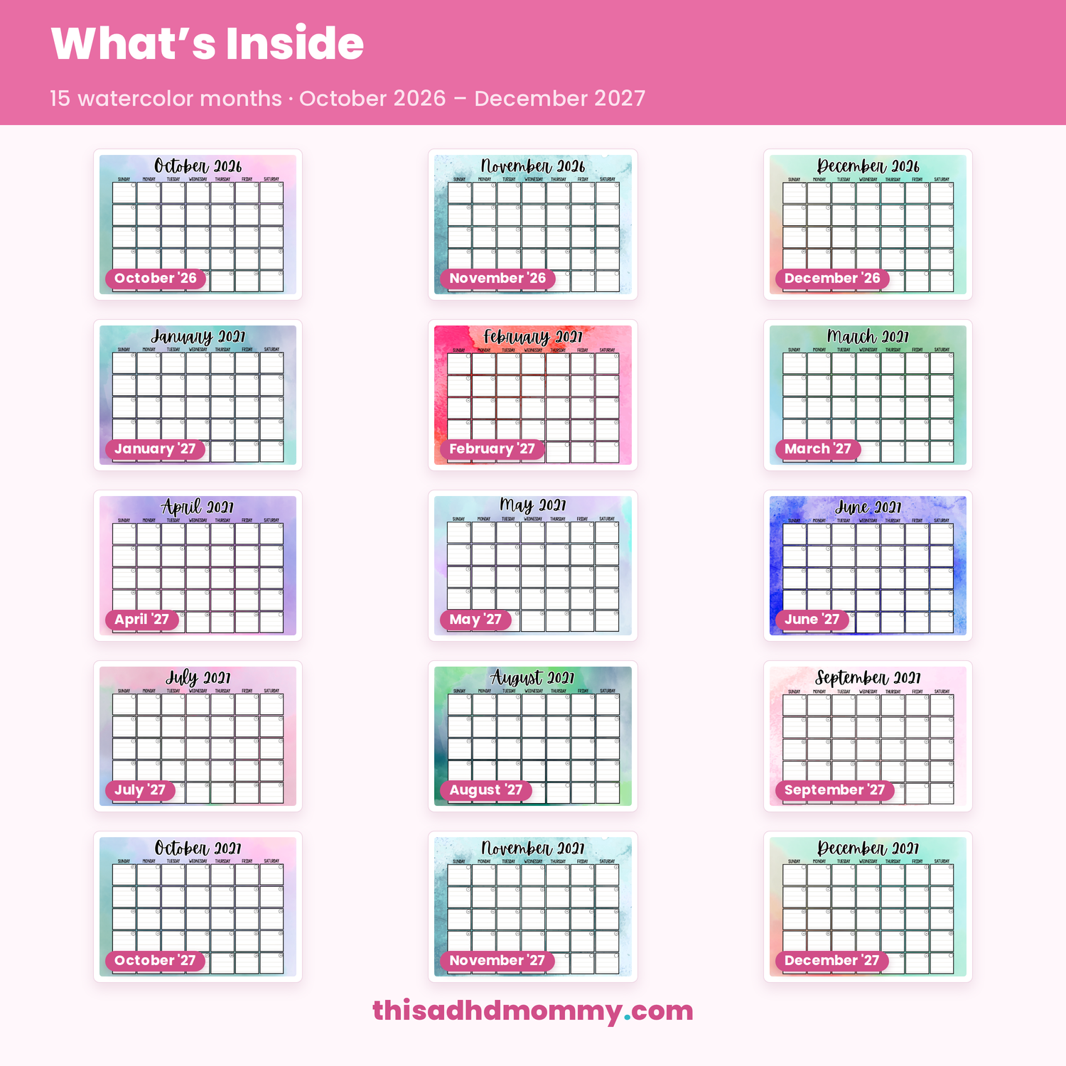 Preview grid of all 15 watercolor calendar months from October 2026 to December 2027