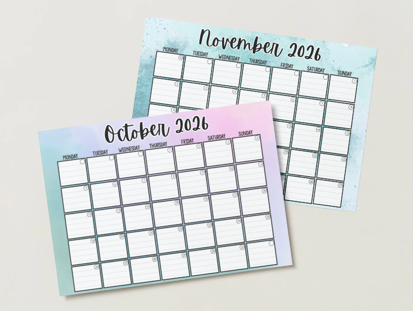 Printable October and November 2026 watercolor calendars, Monday start, on a neutral background