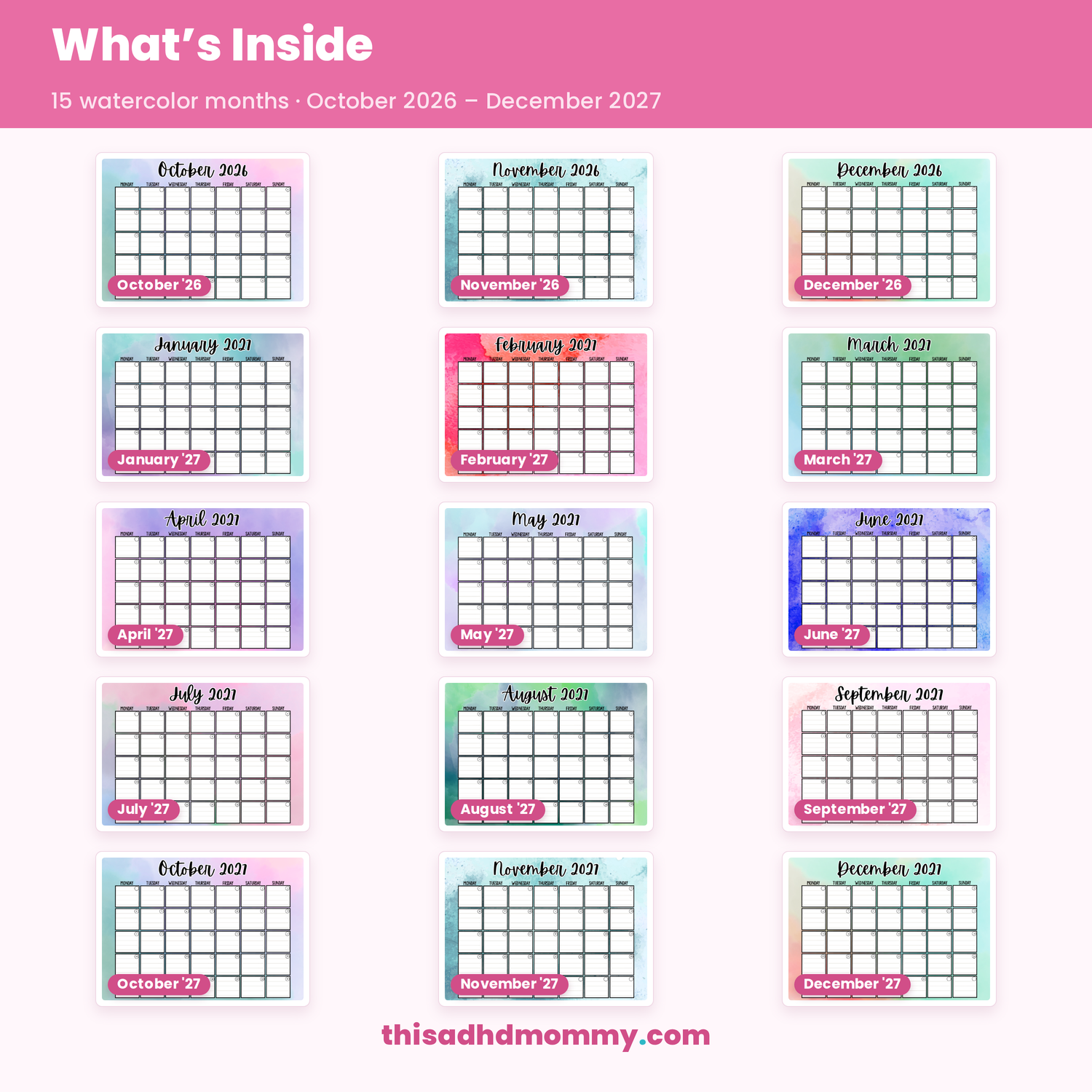 Preview grid of 15 watercolor calendar months, Monday start, October 2026 to December 2027