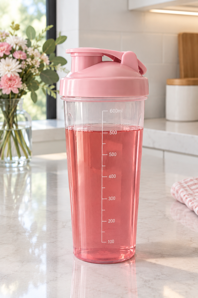 Pink protein shaker bottle with a fruit protein drink on a kitchen counter, an easy protein boost for ADHD moms