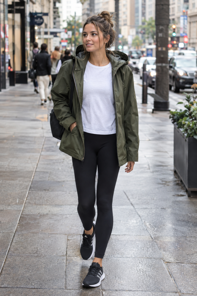 Woman walking in the city in an ADHD mom uniform: black leggings, white tee, khaki jacket and trainers