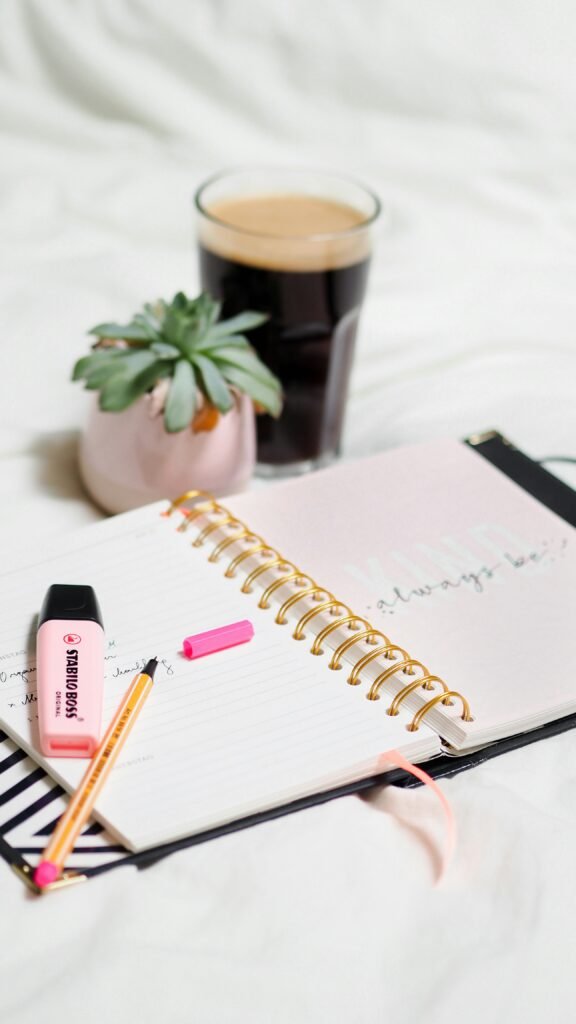 A spiral notebook with highlighters, a plant and iced coffee