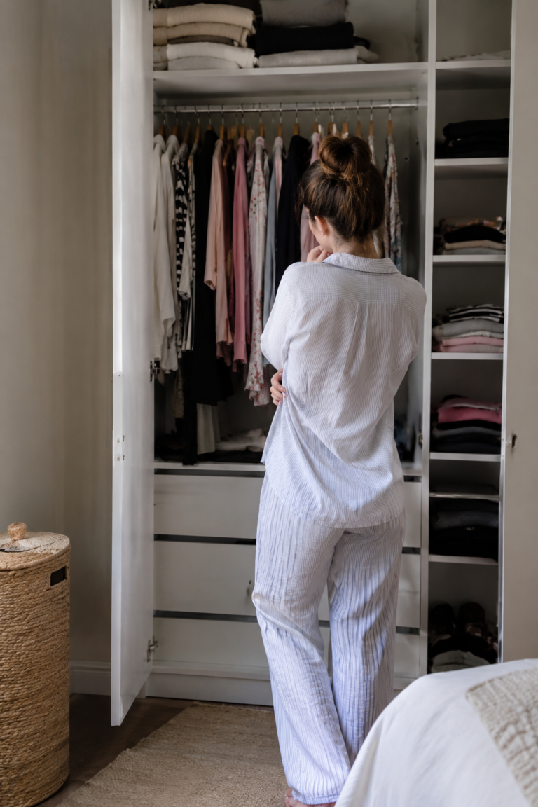 Woman in pajamas at a neatly organized white wardrobe of folded and hung clothes, easing the ADHD morning routine